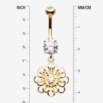Detail View 1 of Golden Breeze Sparkle Flower Belly Button Ring-Clear Gem